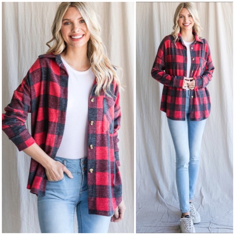 SOLD OUT Red Checker Plaid Buffalo Print Button Down Long Sleeve Casual Top - Picture 1 of 5